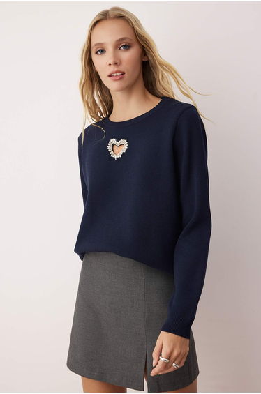 Navy Blue Heart Cut Out/Window Detailed Knitwear Sweater