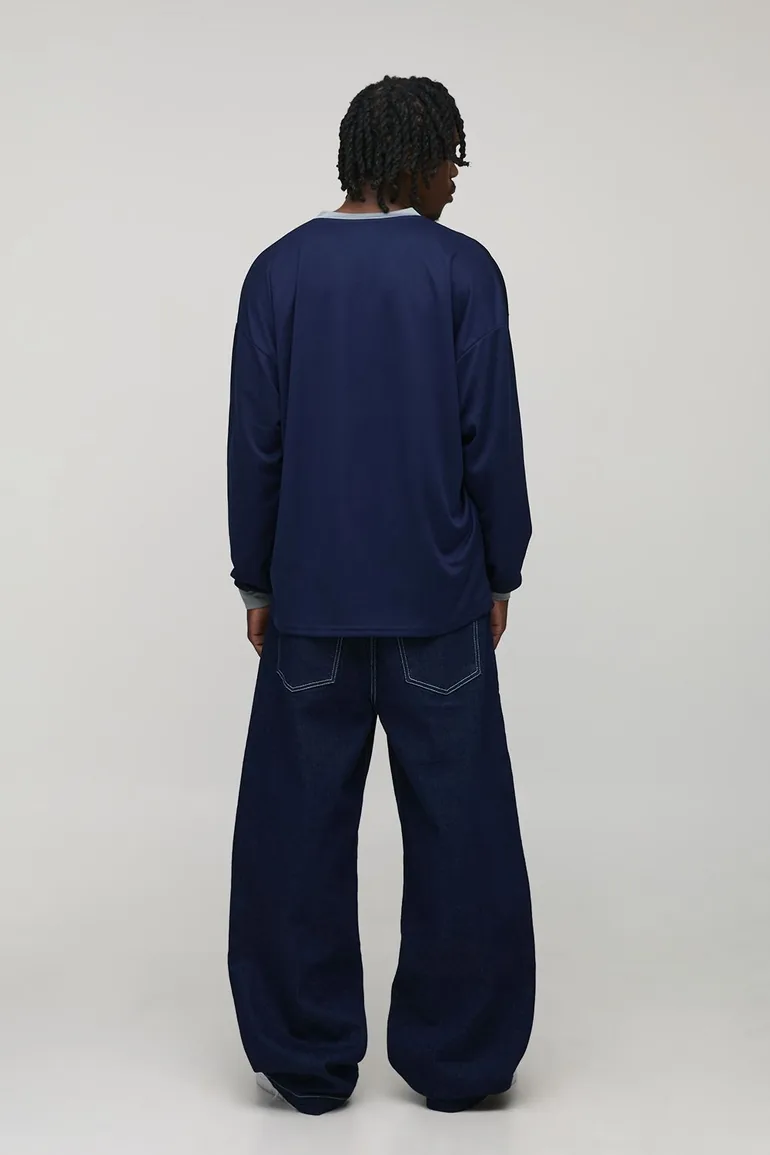 Tall Oversized WRLDWD Print Long-sleeved Sports T-Shirt - navy - 1