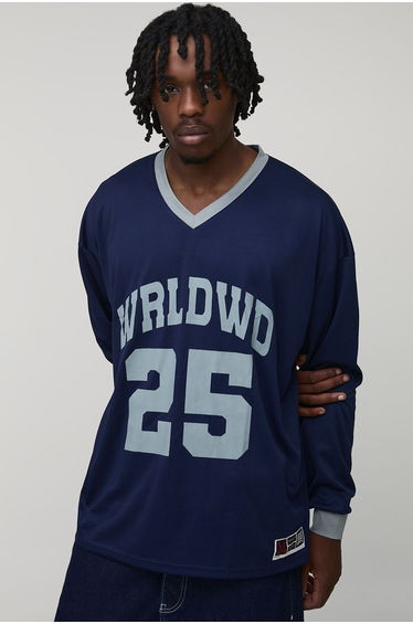 Tall Oversized WRLDWD Print Long-sleeved Sports T-Shirt - navy