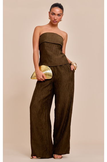 Khaki Textured Woven Mid Rise Wide Leg Trousers