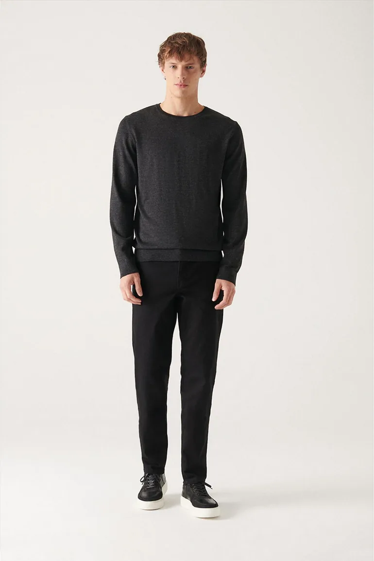 Men's Anthracite Crew Neck Wool Blended Standard Fit Normal Cut Knitwear Sweater