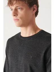 Men's Anthracite Crew Neck Wool Blended Standard Fit Normal Cut Knitwear Sweater - 3