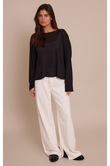 Black Oversized Burnout Mesh Long Sleeve Top