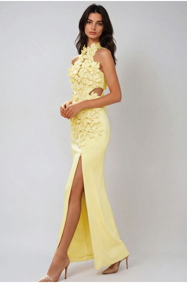 Kira Halter Neck Flower Split Maxi Dress In Yellow
