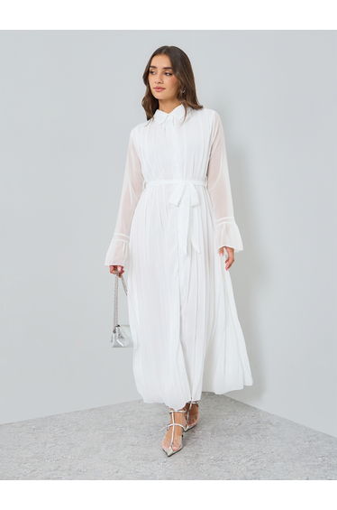 Women White Pleated Collared Midi Dress