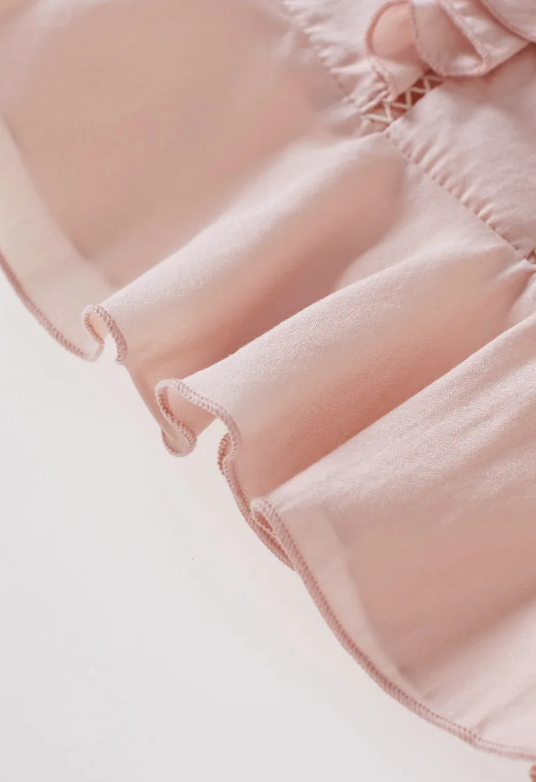Fluttering Ruffle Ladder-Lace Buttoned Sleeveless Top in Light Pink for Grocery Run & Neighborhood Walk - 6