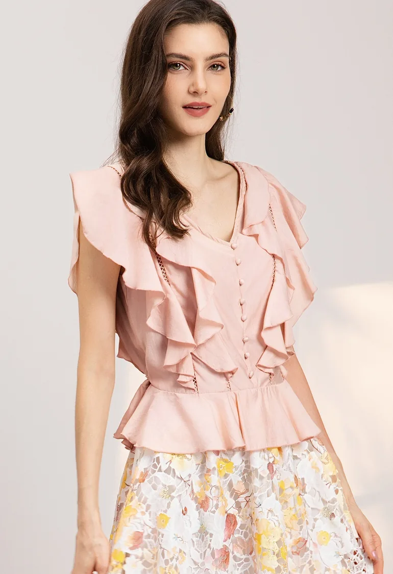 Fluttering Ruffle Ladder-Lace Buttoned Sleeveless Top in Light Pink for Grocery Run & Neighborhood Walk - 2