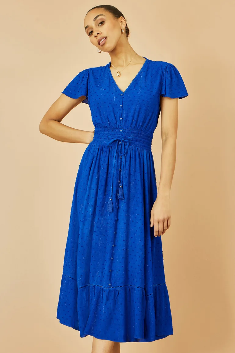 Yumi Blue Button Detail Midi Dress With Ruched Waist And Metallic Thread - 5