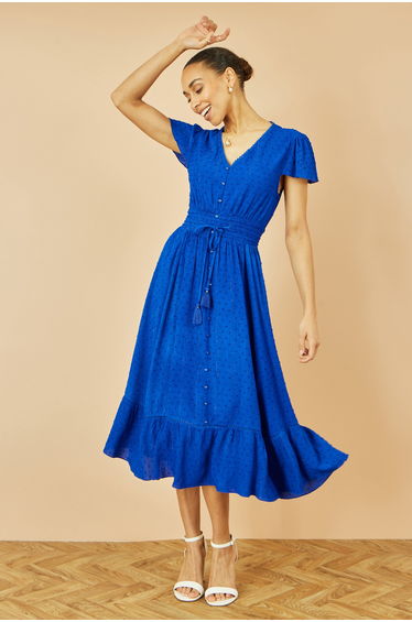 Yumi Blue Button Detail Midi Dress With Ruched Waist And Metallic Thread