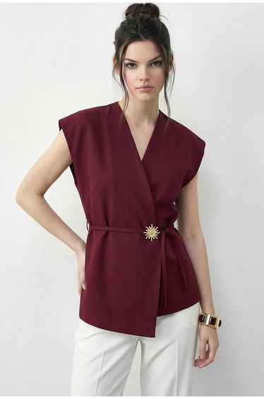 LUCCI Belted V-Neck Crepe Waistcoat