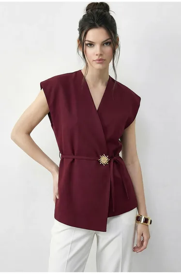 LUCCI Belted V-Neck Crepe Waistcoat