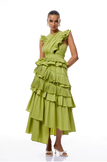 Raffaella Green Asymmetrical Ruffled Tiered Midi Dress