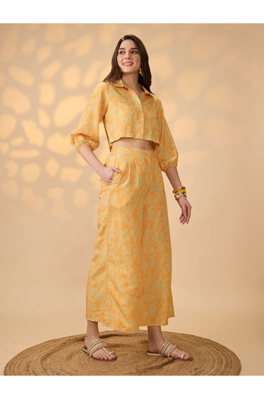 Women Printed Crop Shirt and Wide Leg Trousers Fusion Co-Ords