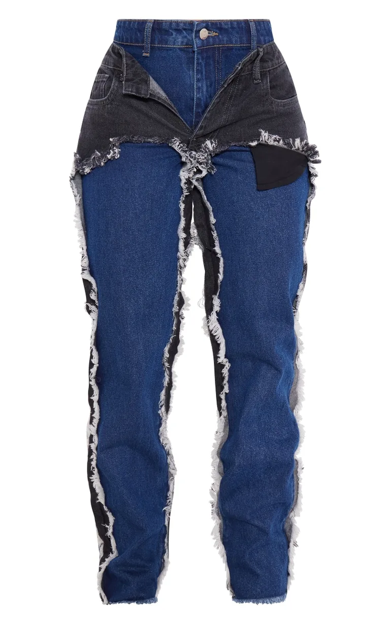 Washed Indigo Layered Effect Straight Leg Jeans - 4