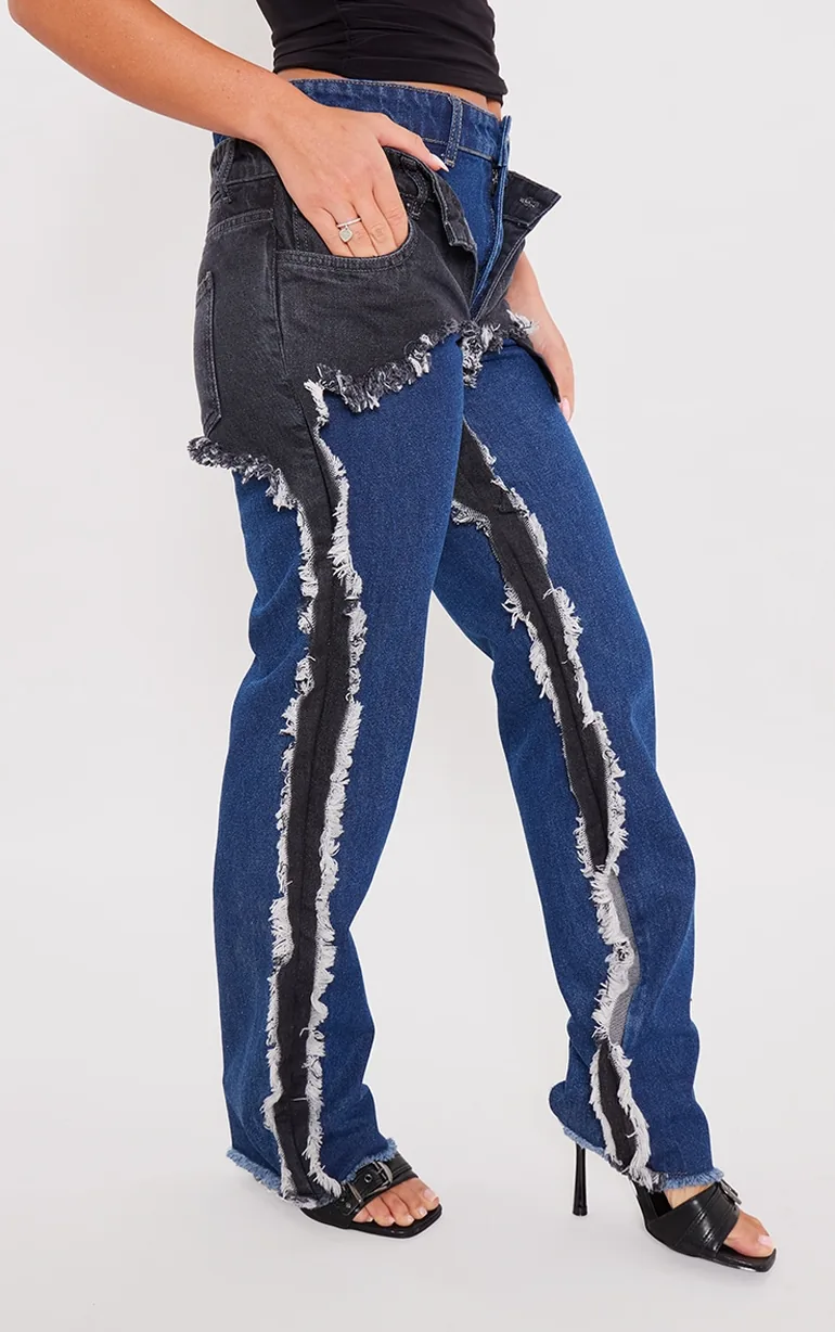 Washed Indigo Layered Effect Straight Leg Jeans - 1