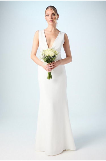 Premium Crepe Plunge Neck Fishtail Wedding Dress