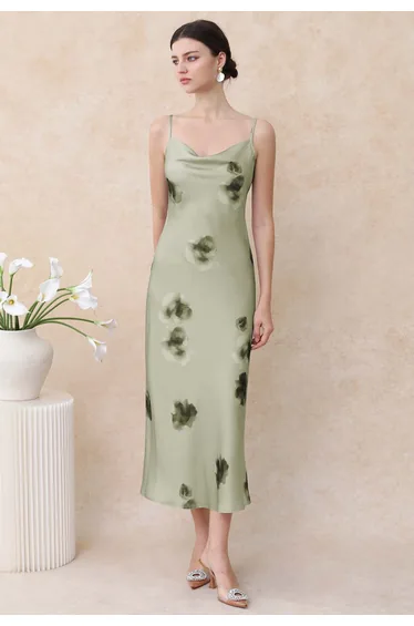 Rose Watercolor Drape Neck Satin Cami Dress in Pistachio