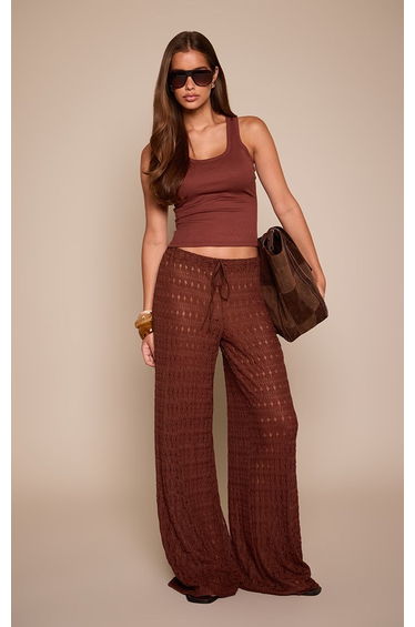 Chocolate Floral Textured Drawstring Wide Leg Trousers