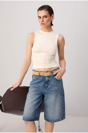 Mink Fitted/Sleeveless Knitted Blouse with Stitching Detail and Stretch