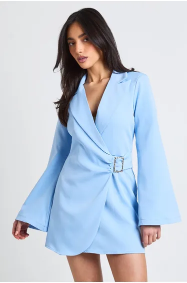 Buckle Detail Flared Sleeve Blazer Dress - pastel blue