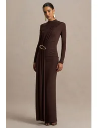 Zadie | Brown High-Neck Maxi Dress With Gathered-Detail - 4