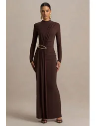 Zadie | Brown High-Neck Maxi Dress With Gathered-Detail