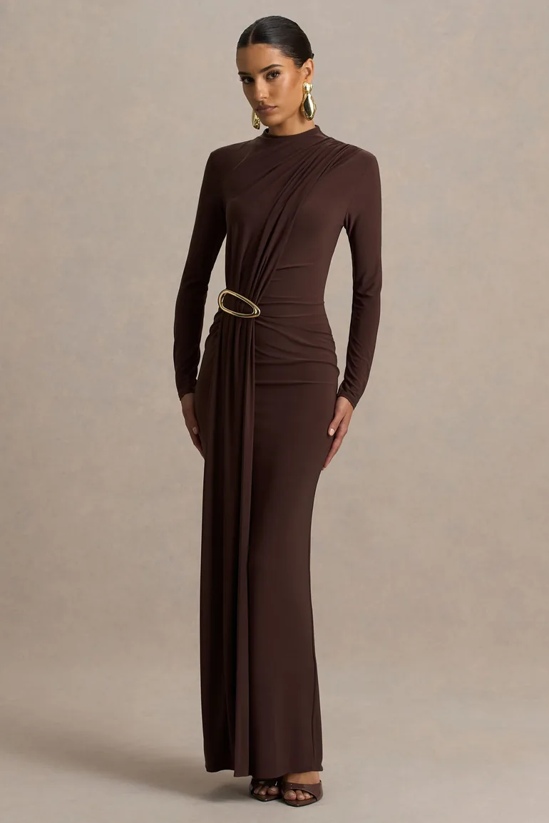 Zadie | Brown High-Neck Maxi Dress With Gathered-Detail - 3