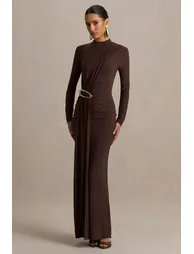 Zadie | Brown High-Neck Maxi Dress With Gathered-Detail - 3