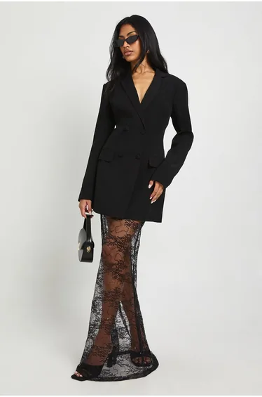 Lace Hem Blazer Dress - black