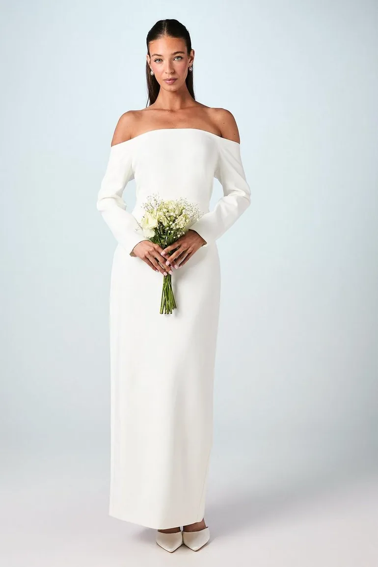 knee length dresses for ladies Bardot neck pencil wedding dress with full sleeves  La Novale Atelier