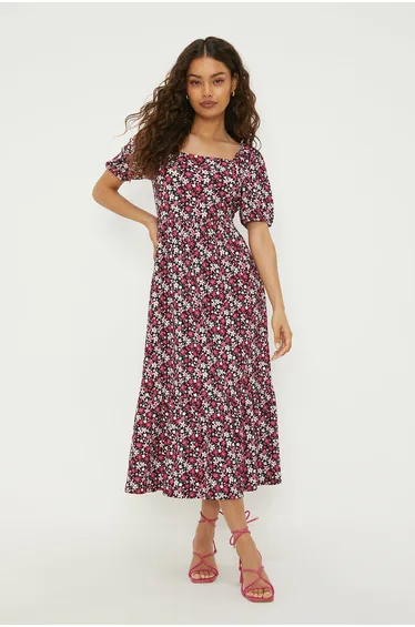 Petite Pink Ditsy Square Neck Tiered Midi Dress