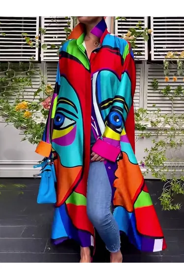 Irregular Clipping Loose Abstract Printed Multi-Colored Lapel Maxi Dresses Shirt Dress