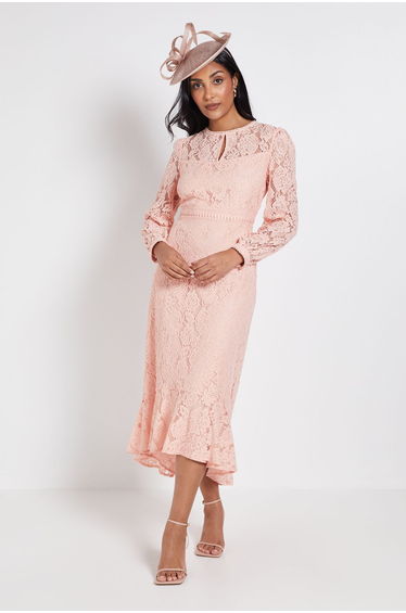 Petite Lace High Neck Ruffle Midi Dress