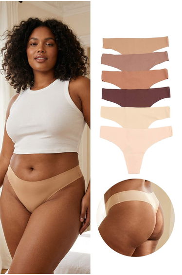 Brown-Multicolor 6-Pack Micro Stitch-Free /Non-Marking L Laser Cut Thong Knitted Panties