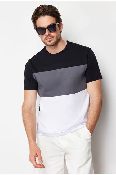 Men's Black Regular/Normal Fit Color Block 100% Cotton T-Shirt