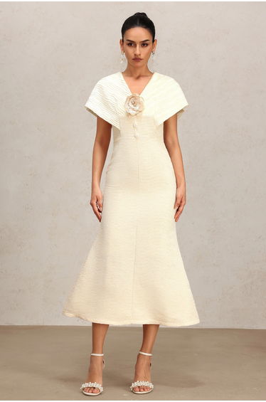 Rora V-Neck Flower Folds Fishtail Dress