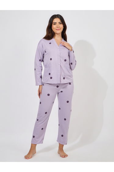 Polka Dot Print Long Sleeve Shirt and Pyjama Set