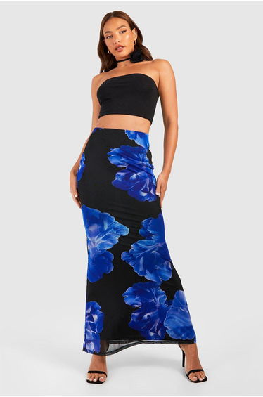 Tall Oversized Floral Maxi Skirt - black