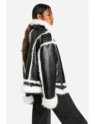 Faux Fur Trim Oversized Aviator Jacket - black - 1