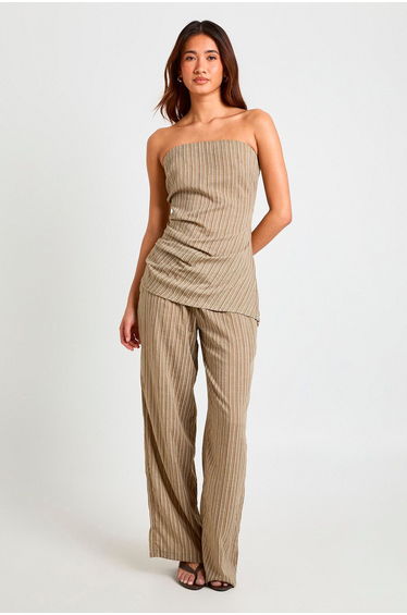 Bandeau Linen Look Stripe Asymmetric Hem Top - khaki