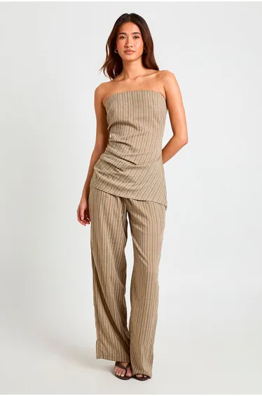 Bandeau Linen Look Stripe Asymmetric Hem Top - khaki