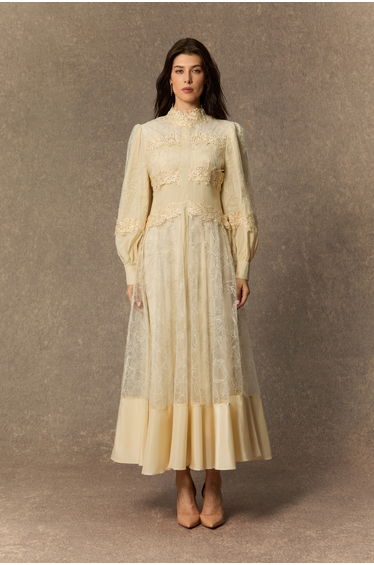 Deep Dreams Beige Lace Embroidered Lantern Sleeve Maxi Dress