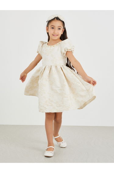 Floral Embellished Puff Sleeves Dress with Headband