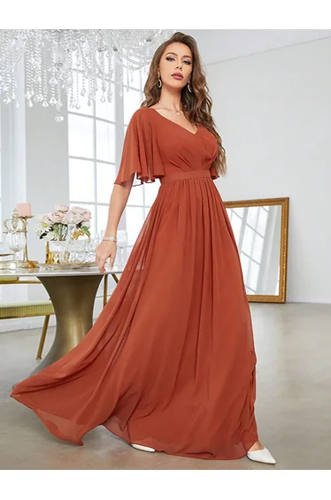 Leely Elegant V Neck Flare Sleeve Evening Gown