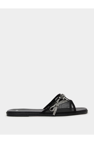 Black Embellished Bow Trim Mules