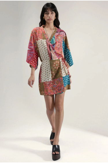 Ethnic Print Front-Tie Mini Dress