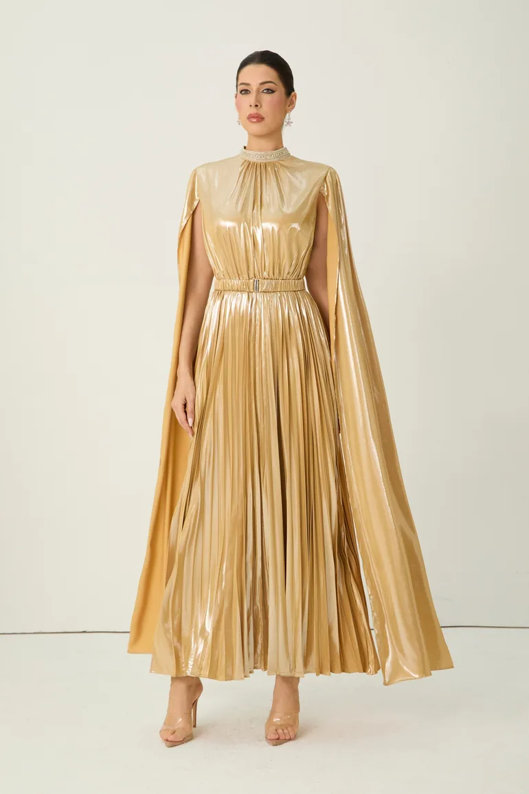 gold dress next day delivery Cape Sleeve Jacquard Satin Ruched Mother of the Bride Dresses 2 Piece –  Shirees main image 1