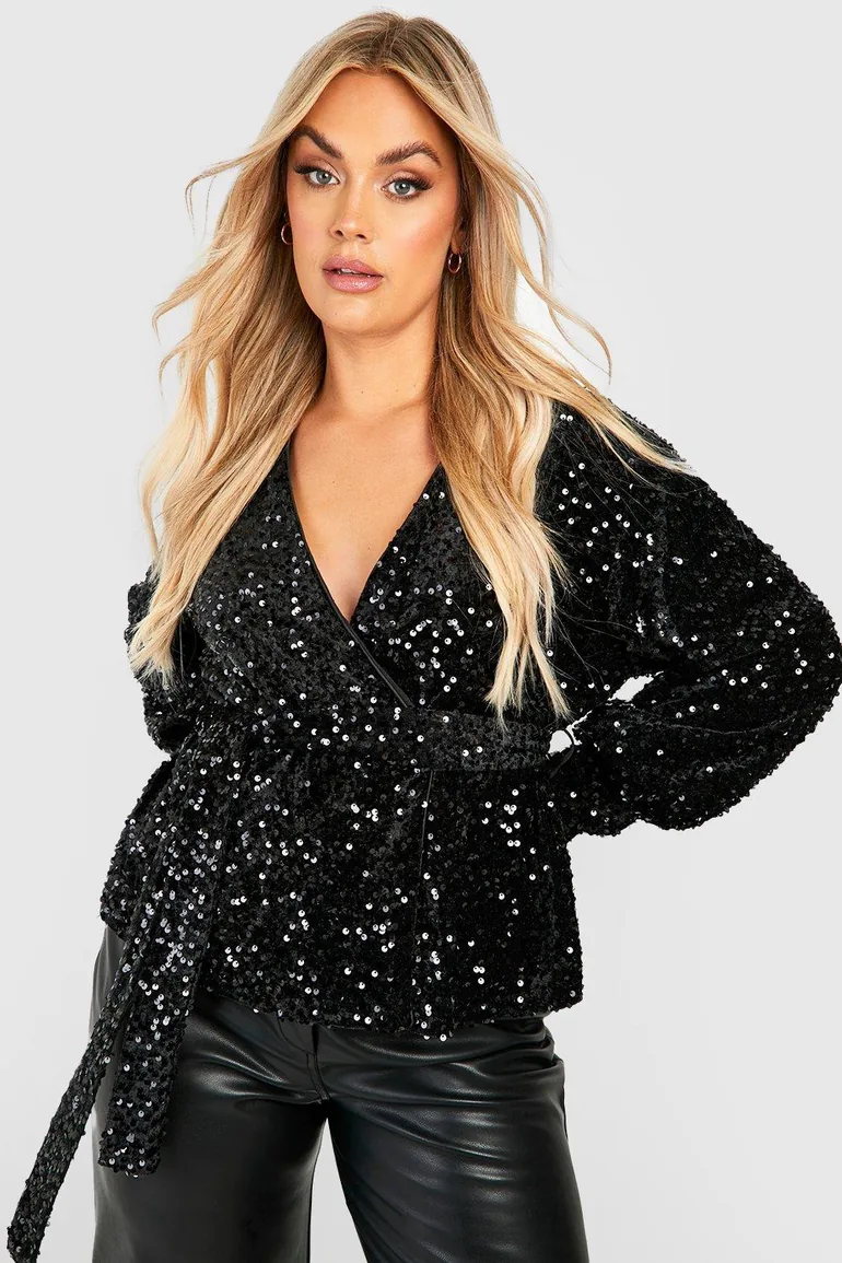 Plus Velvet Sequin Wrap Top - black - 1