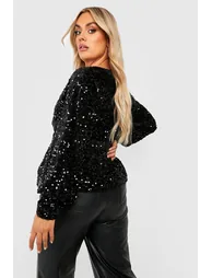 Plus Velvet Sequin Wrap Top - black - 2