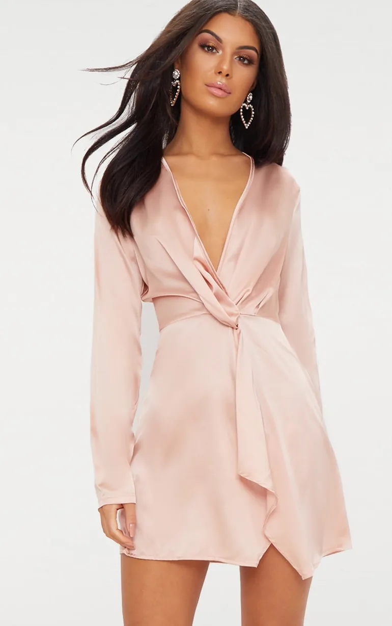 فستان ساتان بتصميم لف وأكمام طويلة - بيج - 1